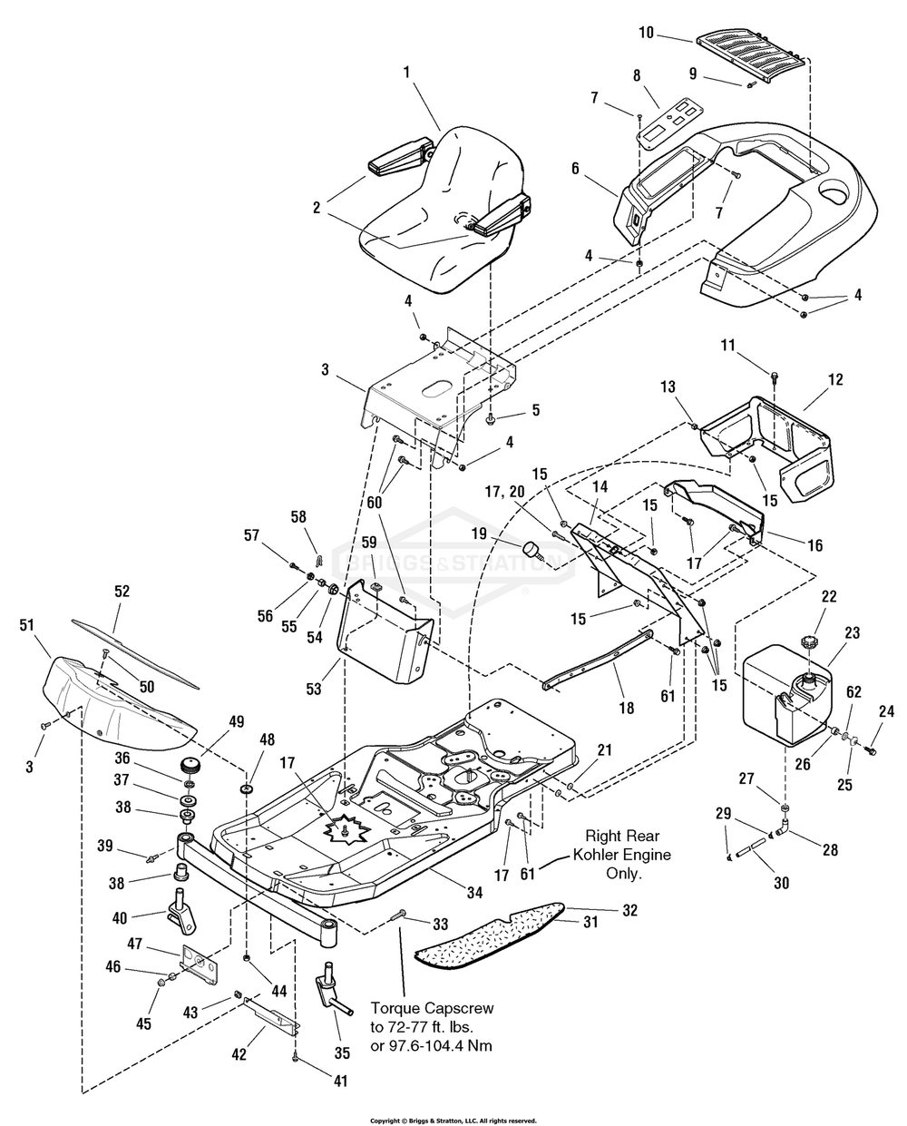 Frame, Body And Seat Group Diagram and Parts List for 2690519 (107277741)(2005) Briggs and Stratton Lawn Tractor